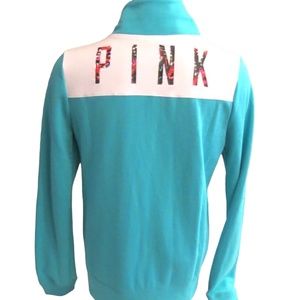 Victoria's Secret PINK Turquoise Tropical Floral Logo Perfect Quarter Zip SMALL